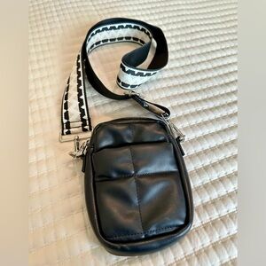 Black Quilted Crossbody Bag Mini Puffer Vegan Leather Wide Strap Trendy
